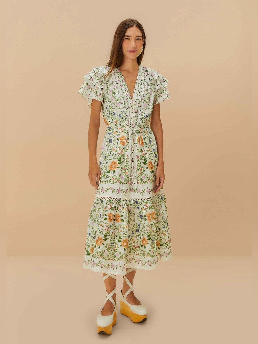 Farm Rio Folk Floral Off White Midi Dress